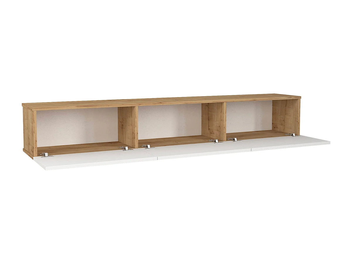 Meuble TV Japandi suspendu 3 portes blanc et effet bois naturel clair 180 x 29,5 cm - Vikila