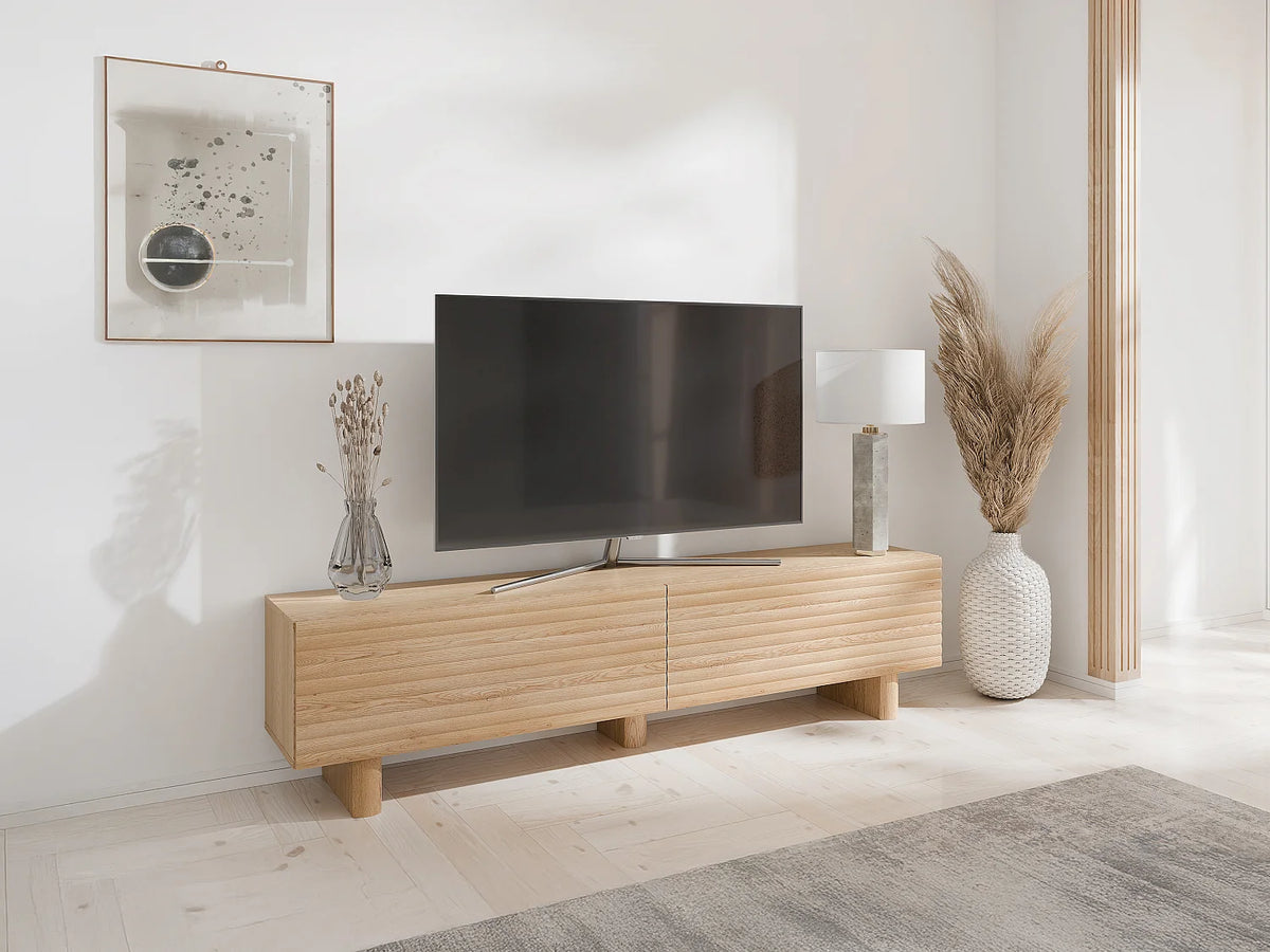 Meuble TV Japandi 2 portes façade rainurée en MDF naturel 180 x 46,1 cm - Ludima