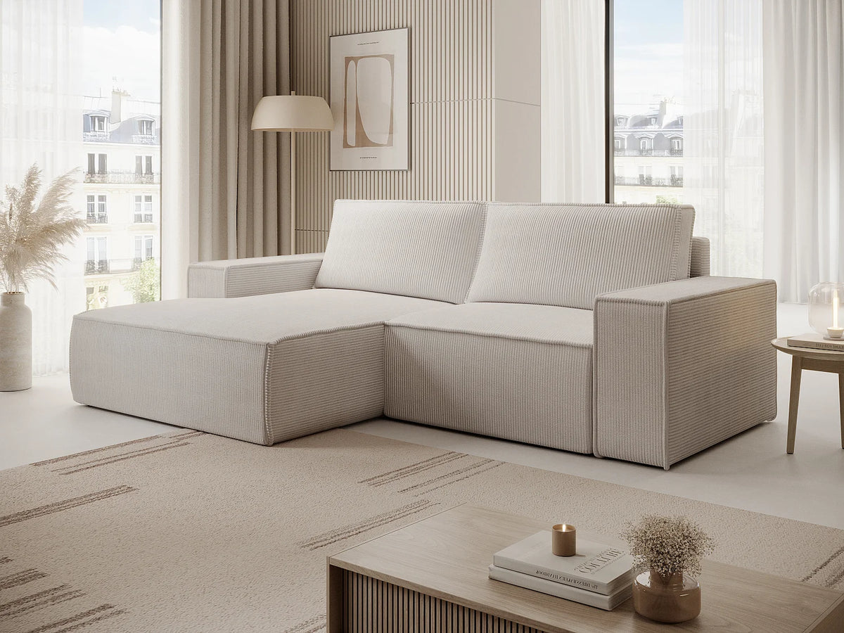 Petit canapé d'angle Japandi gauche convertible en velours côtelé beige 240 cm - Amelia