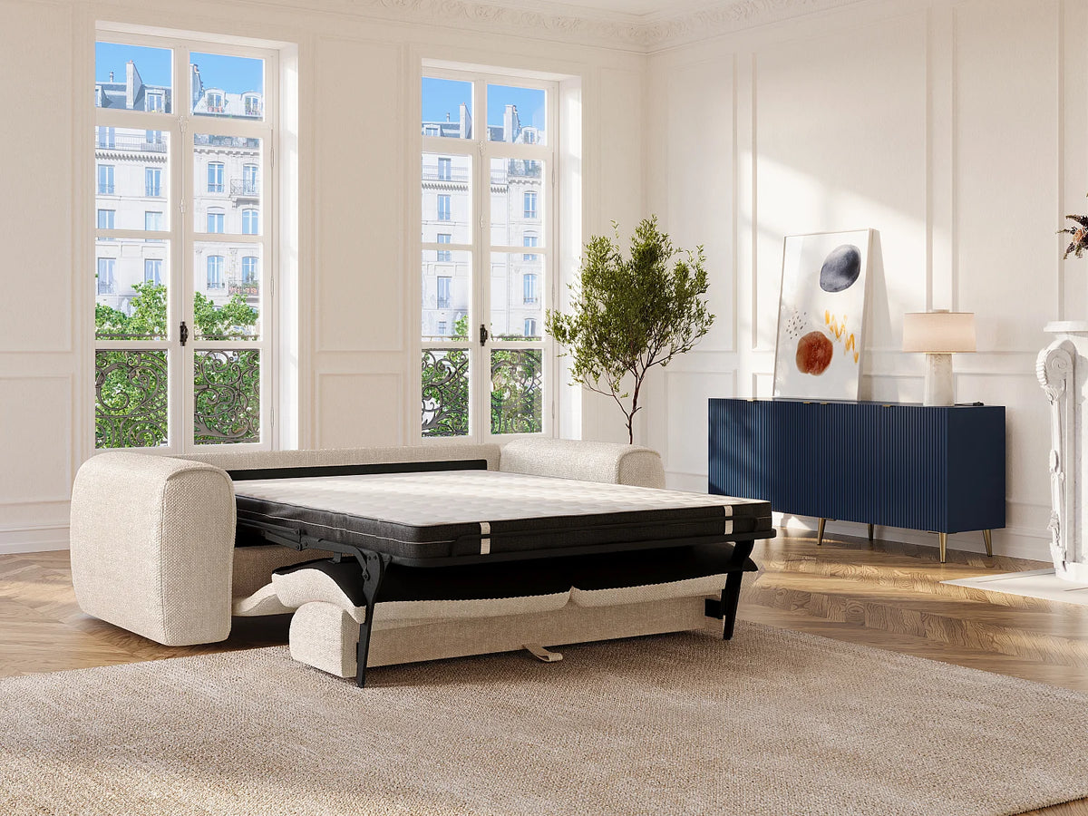 Canapé Japandi 3 places convertible express en tissu texturé beige 216 cm - Pognia