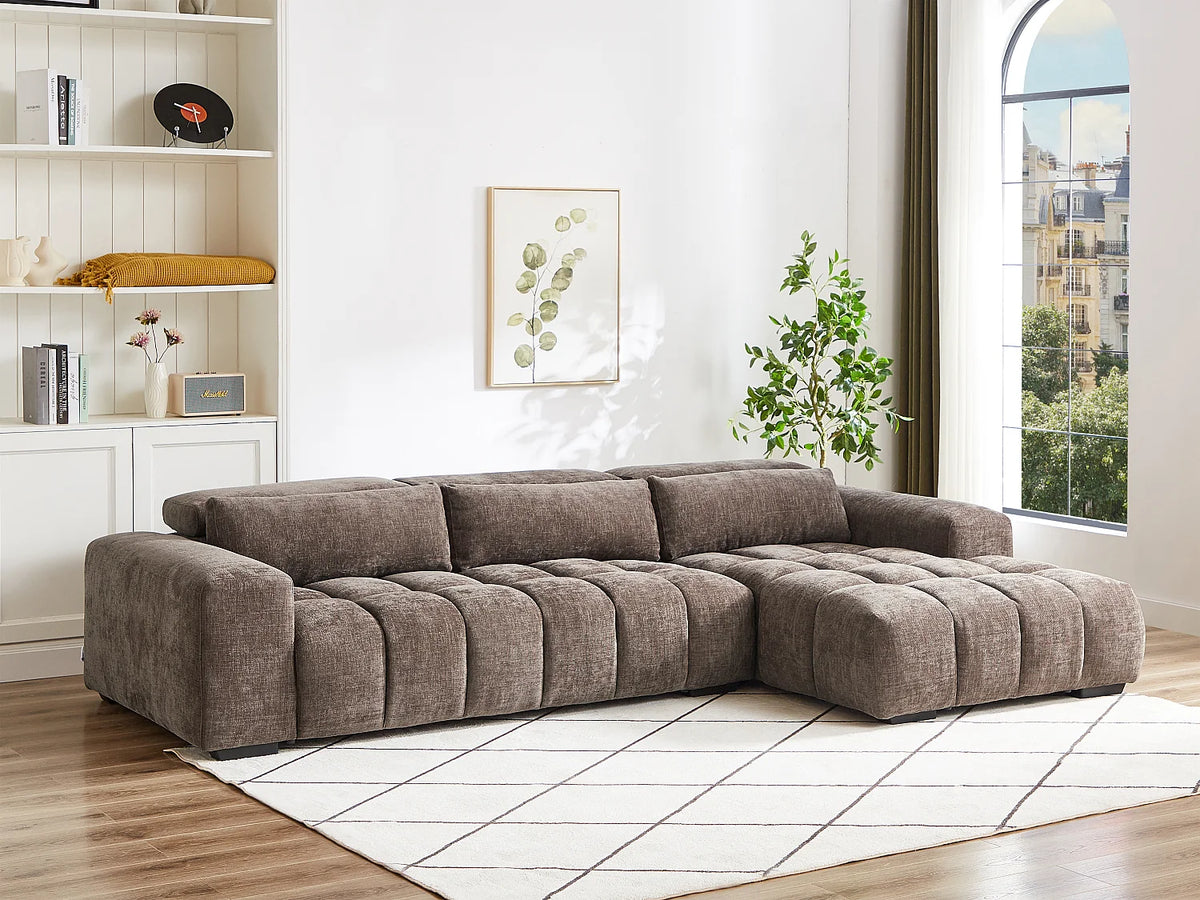 Canapé d'angle Japandi droit en tissu texturé taupe 312 cm - Loponza