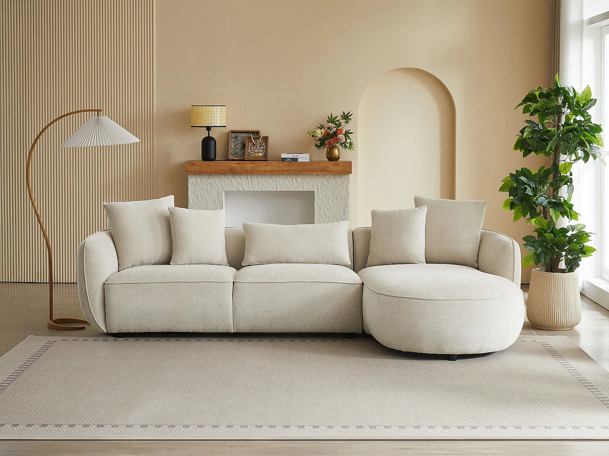 Canapé d'angle Japandi droit 5 places en tissu chenille beige 296 cm - Dokalo