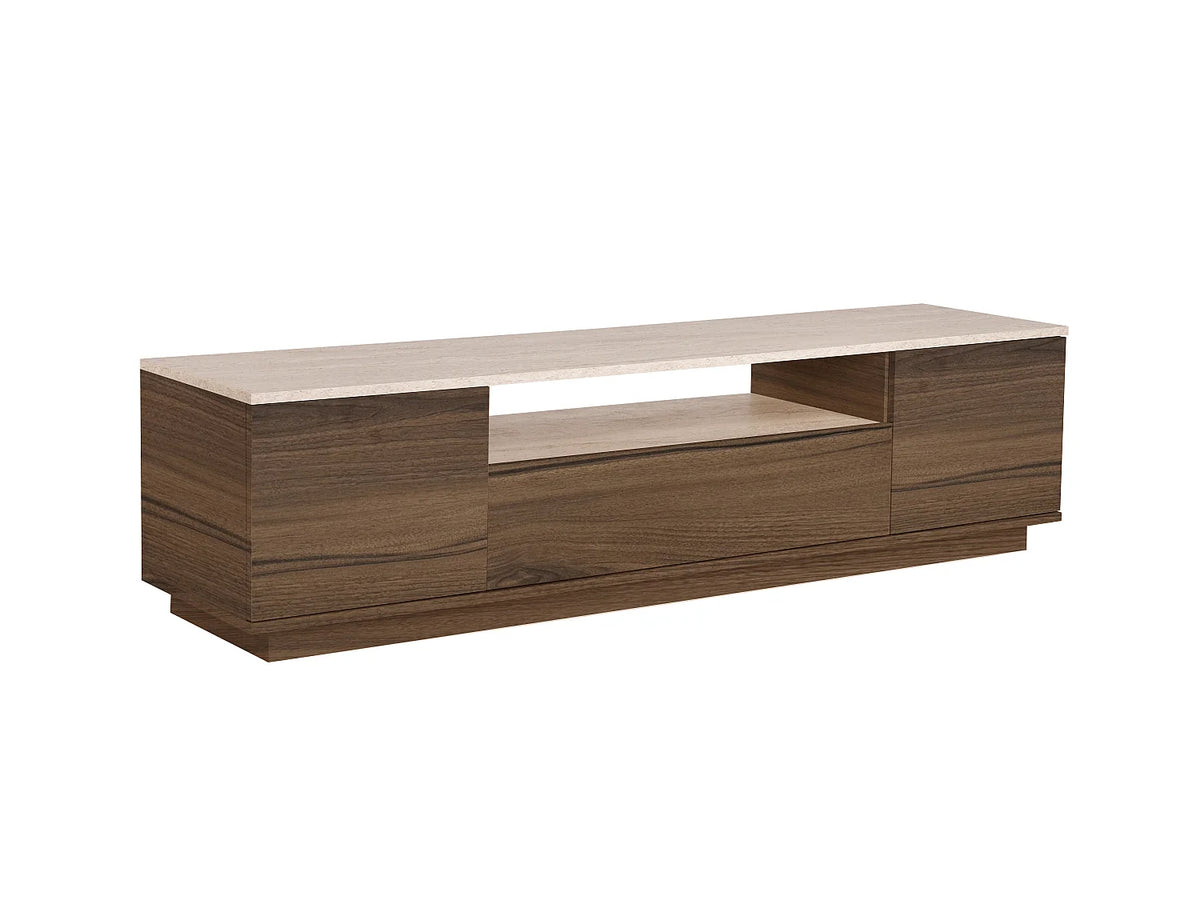 Meuble TV Japandi 3 portes et 1 niche effet travertin et bois naturel foncé 180 x 44,6 cm - Lotula