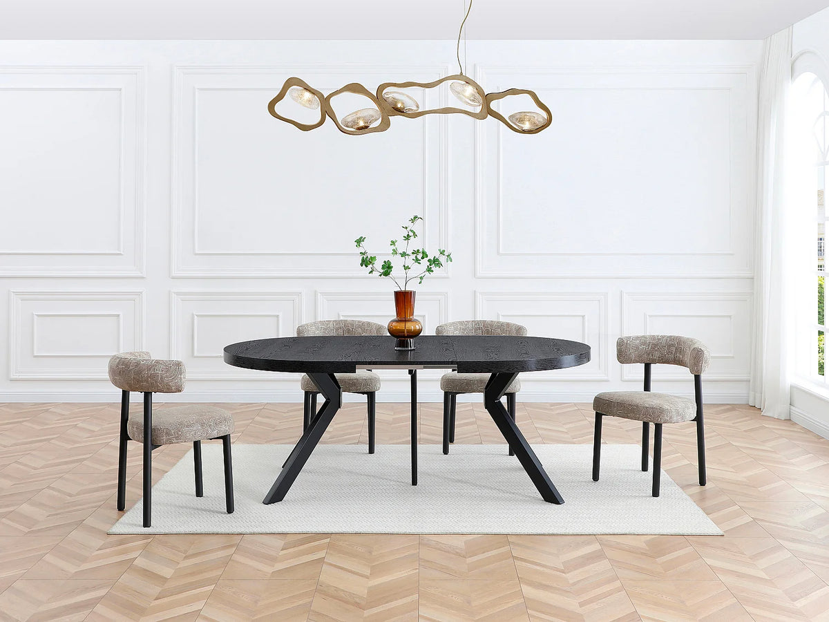 Table à manger Japandi extensible 6 à 12 personnes en MDF et acier noir 150 x 120 cm - Komoni