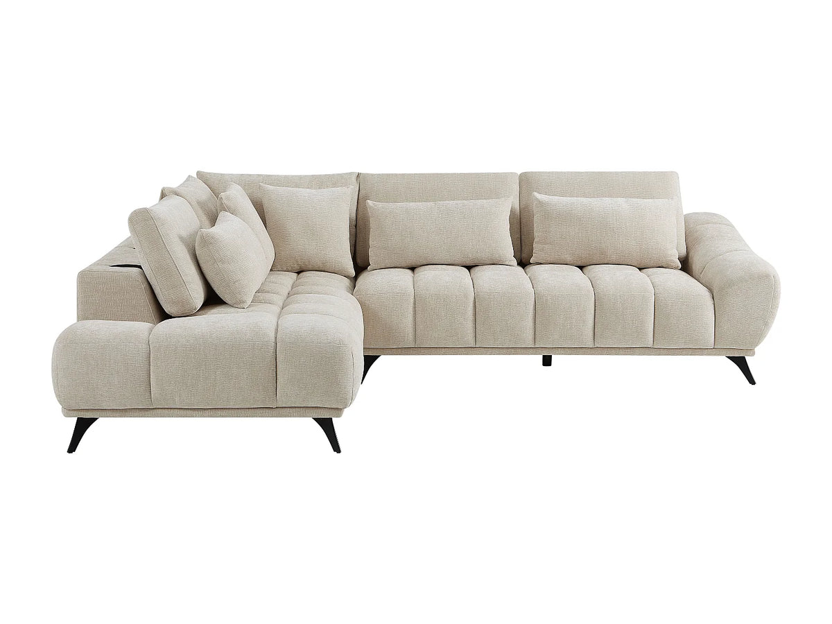 Canapé d'angle Japandi gauche à dossier relevable en velours texturé beige 285 cm - Maviro