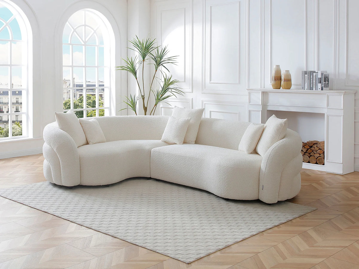 Canapé d'angle Japandi gauche 5 places en bouclette blanche 290 cm - Lapiota