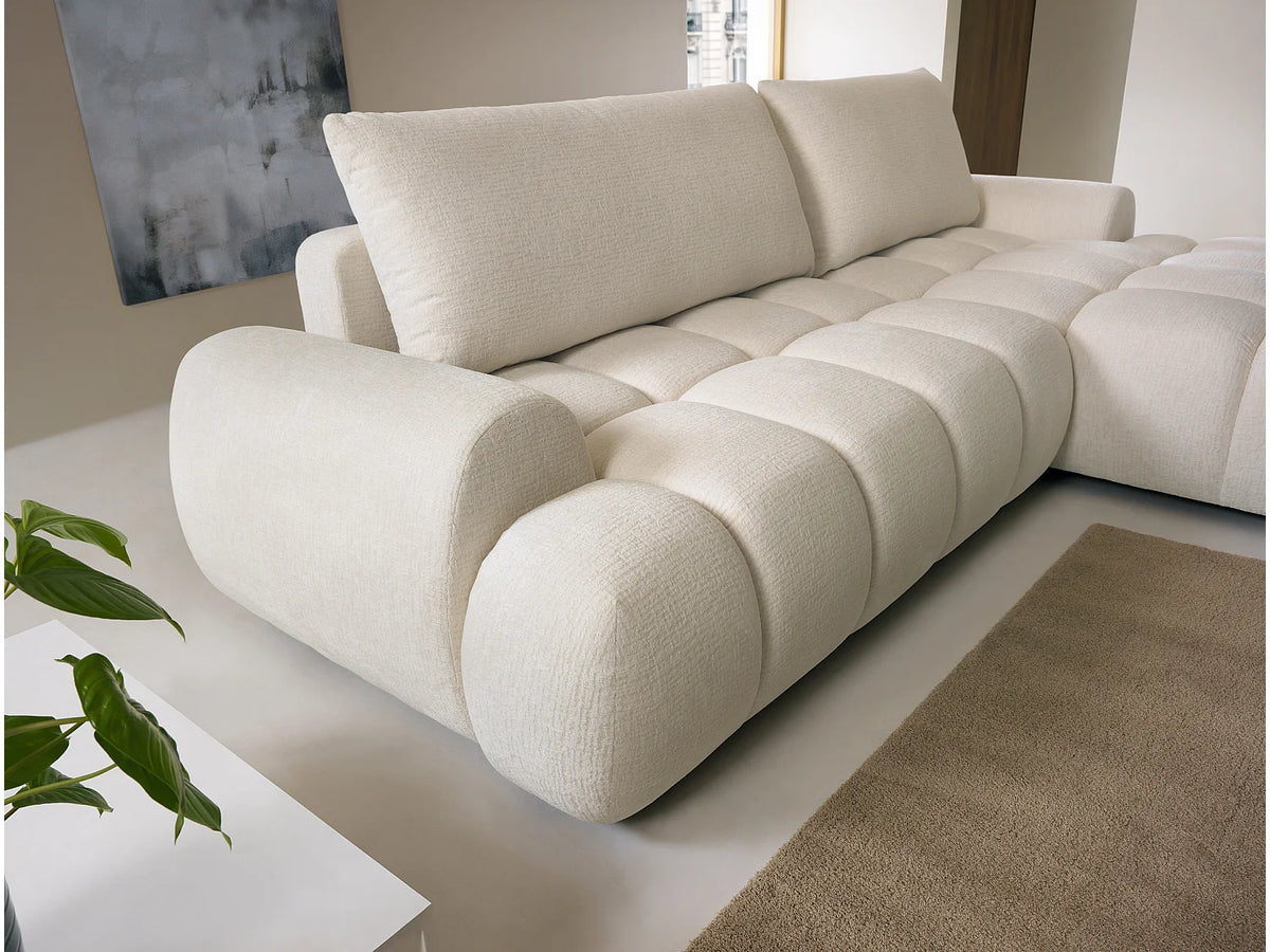 Canapé d'angle Japandi droit convertible avec coffre en tissu chenille beige 280 cm - Farneta