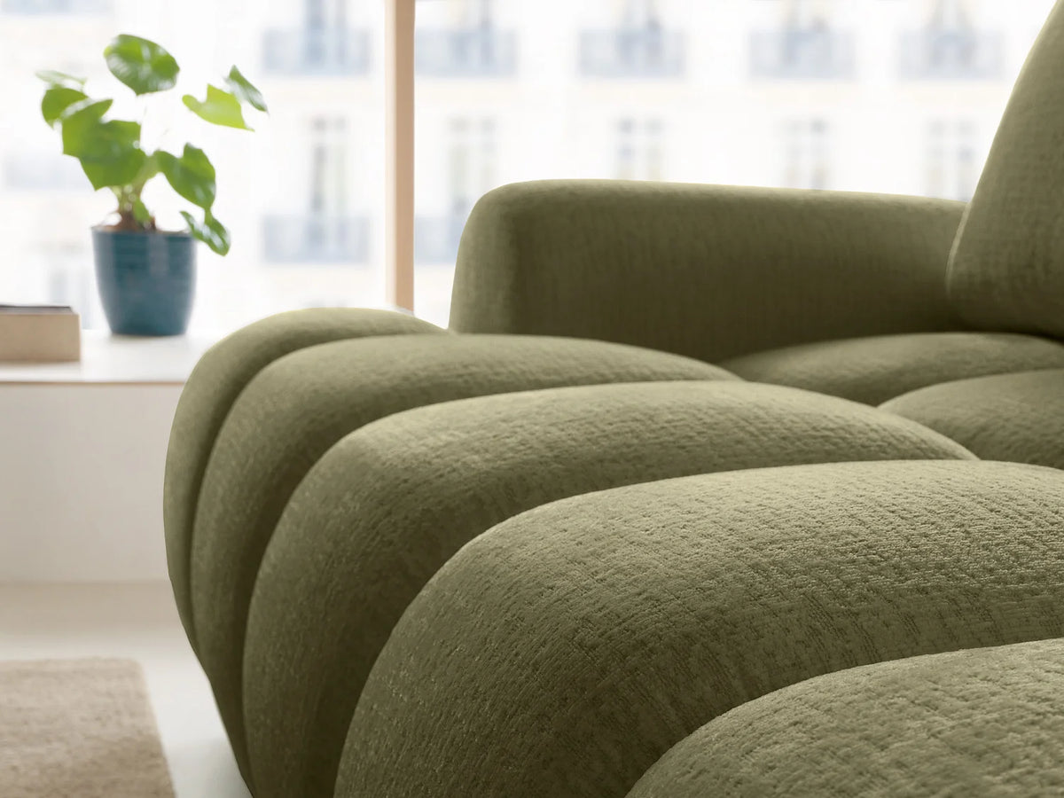 Canapé d'angle Japandi droit convertible avec coffre en tissu chenille vert 280 cm - Farneta