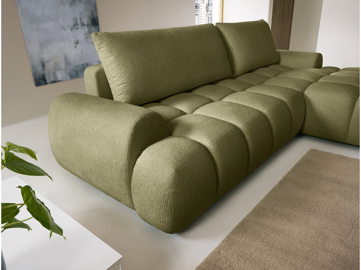 Canapé d'angle Japandi droit convertible avec coffre en tissu chenille vert 280 cm - Farneta