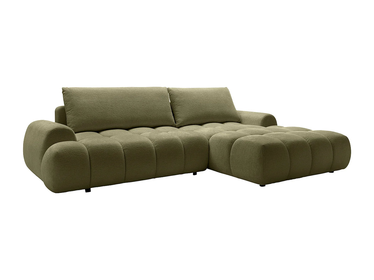 Canapé d'angle Japandi droit convertible avec coffre en tissu chenille vert 280 cm - Farneta