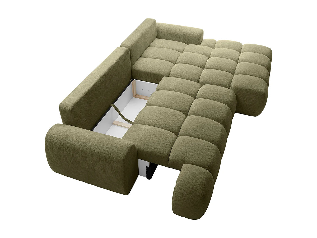 Canapé d'angle Japandi droit convertible avec coffre en tissu chenille vert 280 cm - Farneta