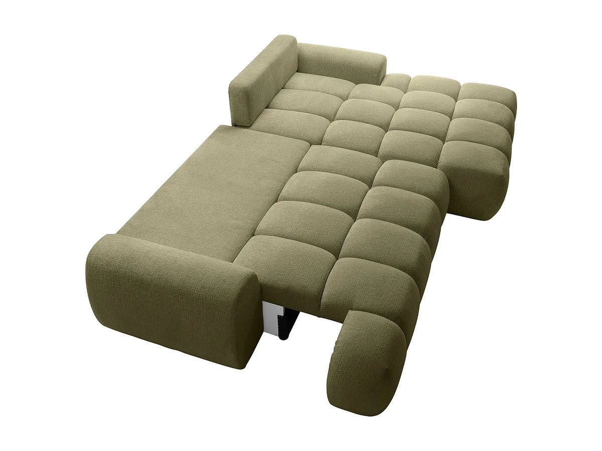 Canapé d'angle Japandi droit convertible avec coffre en tissu chenille vert 280 cm - Farneta