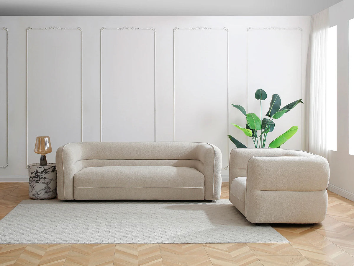 Fauteuil Japandi lounge arrondi en tissu chenille beige - Taliena