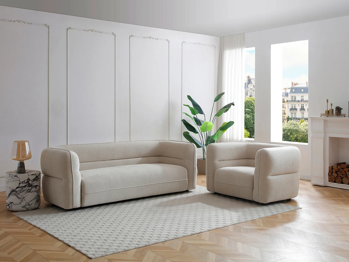 Fauteuil Japandi lounge arrondi en tissu chenille beige - Taliena