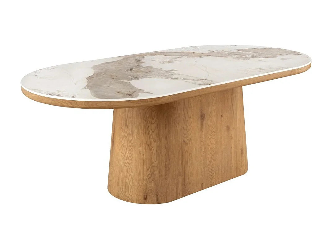 Table à manger ovale Japandi 10 personnes effet marbre blanc et chêne 200 x 100 cm - Lumea