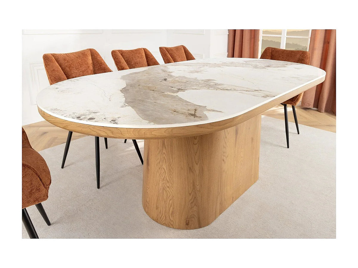 Table à manger ovale Japandi 10 personnes effet marbre blanc et chêne 200 x 100 cm - Lumea