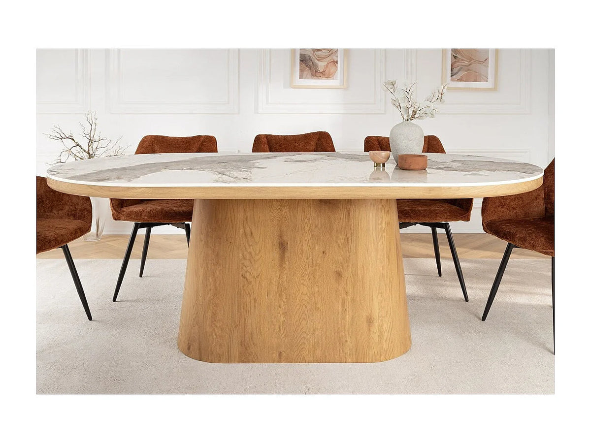 Table à manger ovale Japandi 10 personnes effet marbre blanc et chêne 200 x 100 cm - Lumea