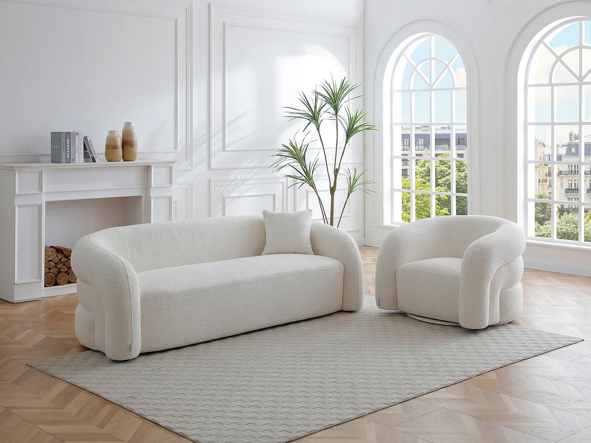 Canapé Japandi 3 places en bouclette blanche 220 cm - Lapiota