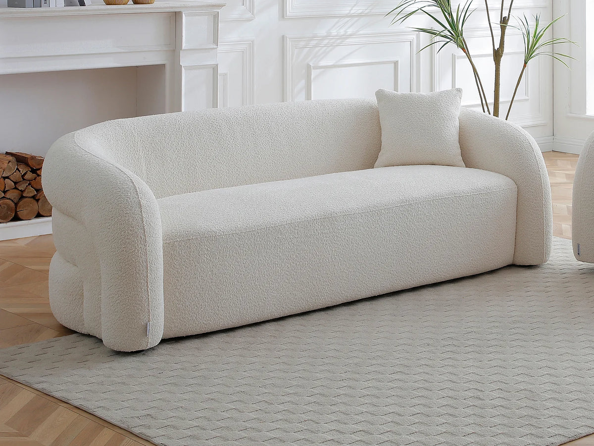Canapé Japandi 3 places en bouclette blanche 220 cm - Lapiota