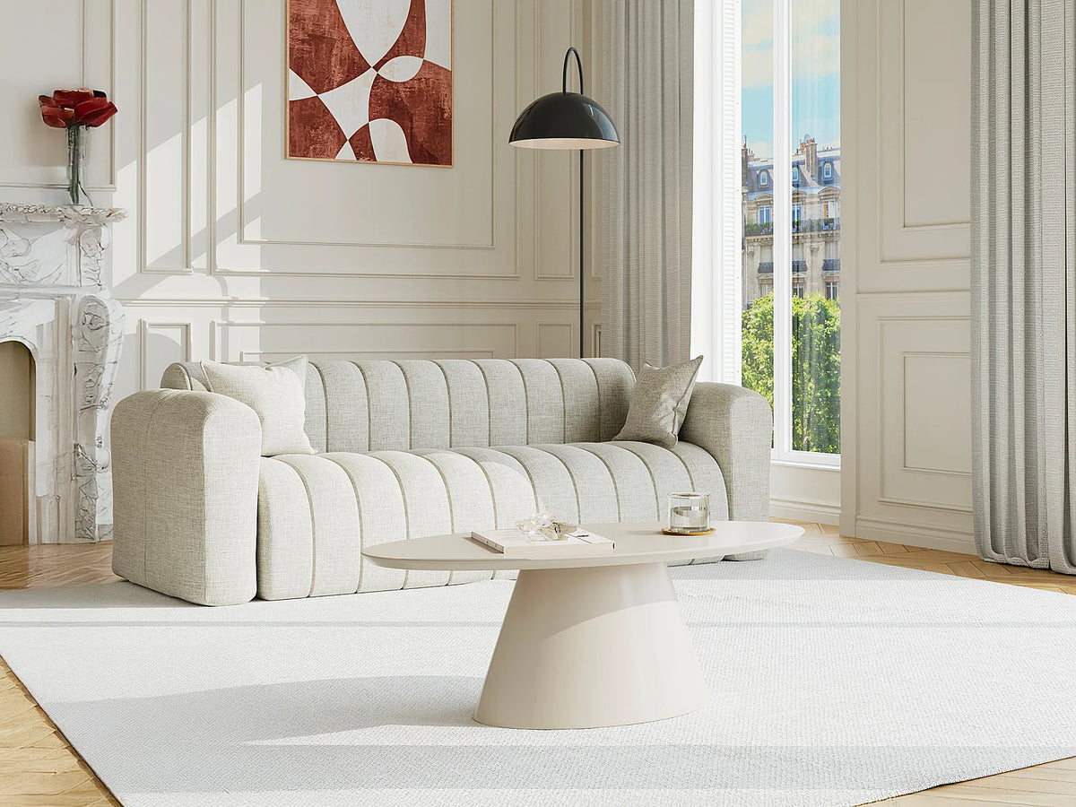 Table basse Japandi ovale en MDF laqué beige mat 120 x 60 cm - Antelada