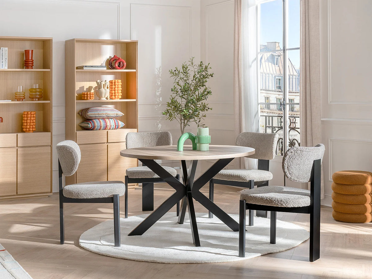 Table à manger ronde Japandi 4 personnes MDF chêne et métal noir Ø 120 cm - Tilki