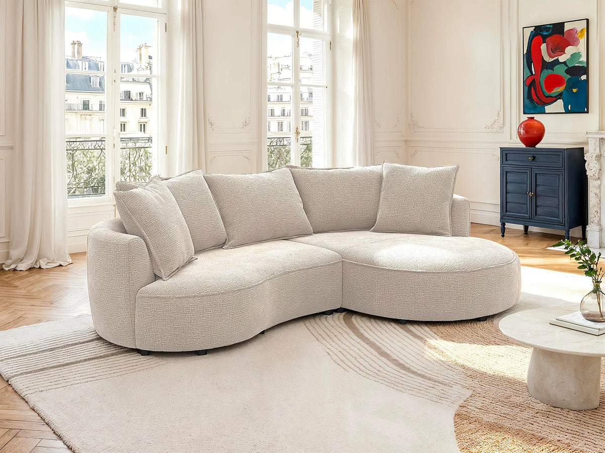 Canapé d'angle Japandi droit 5 places en tissu chenille taupe 260 cm - Ceprano
