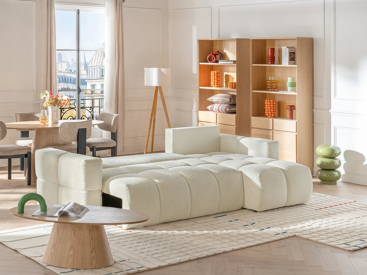 Canapé d'angle Japandi réversible convertible 5 places en bouclette beige 301 cm - Issoro