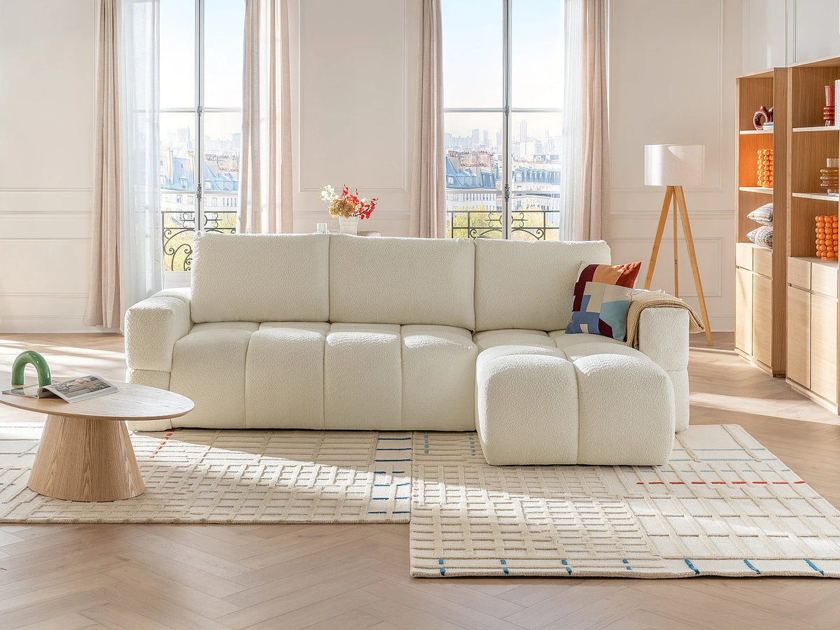 Canapé d'angle Japandi réversible convertible 5 places en bouclette beige 301 cm - Issoro