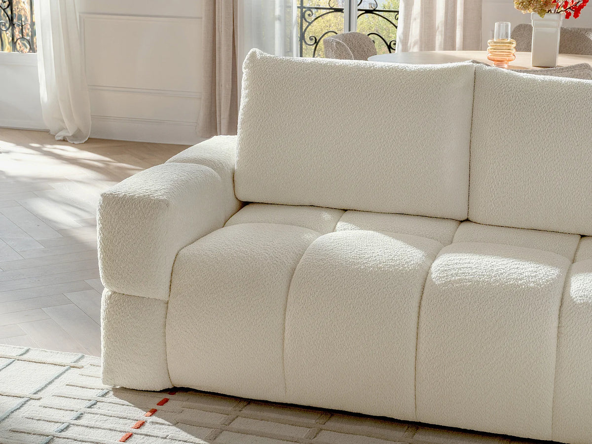 Canapé d'angle Japandi réversible convertible 5 places en bouclette beige 301 cm - Issoro
