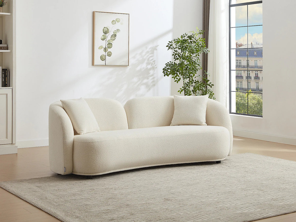 Canapé Japandi 3 places en bouclette blanche 226 cm - Linoria