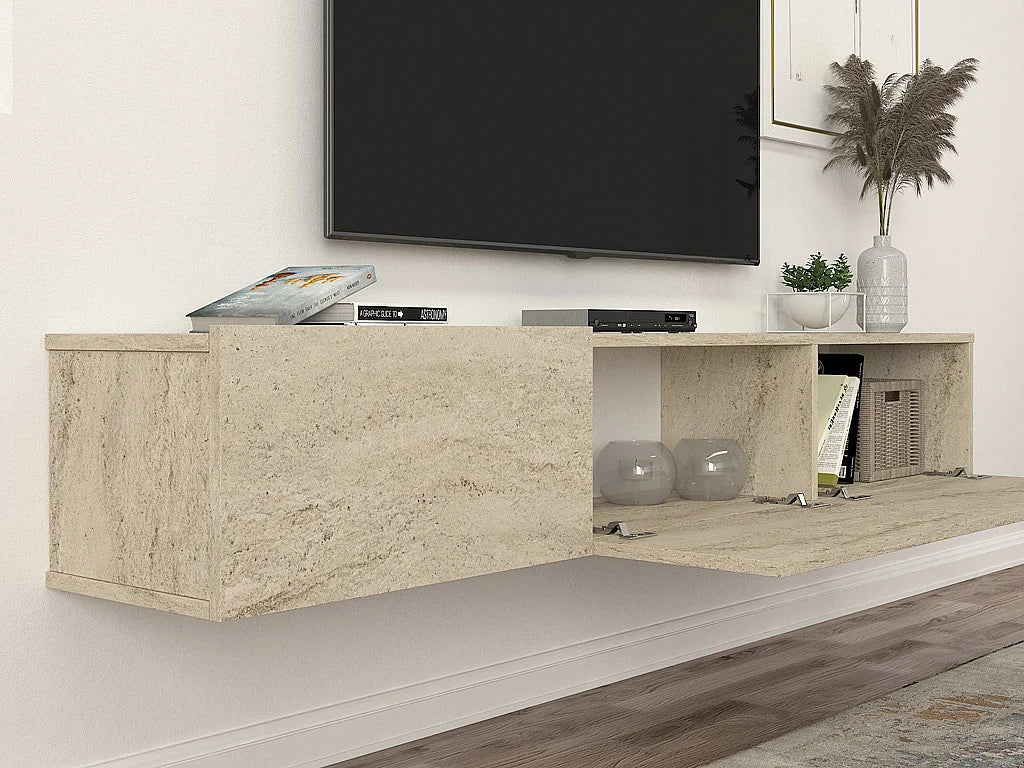 Meuble TV Japandi suspendu 3 portes effet travertin 180 x 29,5 cm - Vikila