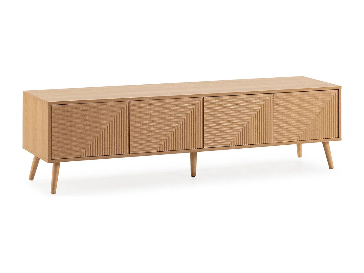 Meuble TV Japandi 4 portes push to open en mélamine effet chêne 160 x 45 cm - Telmo