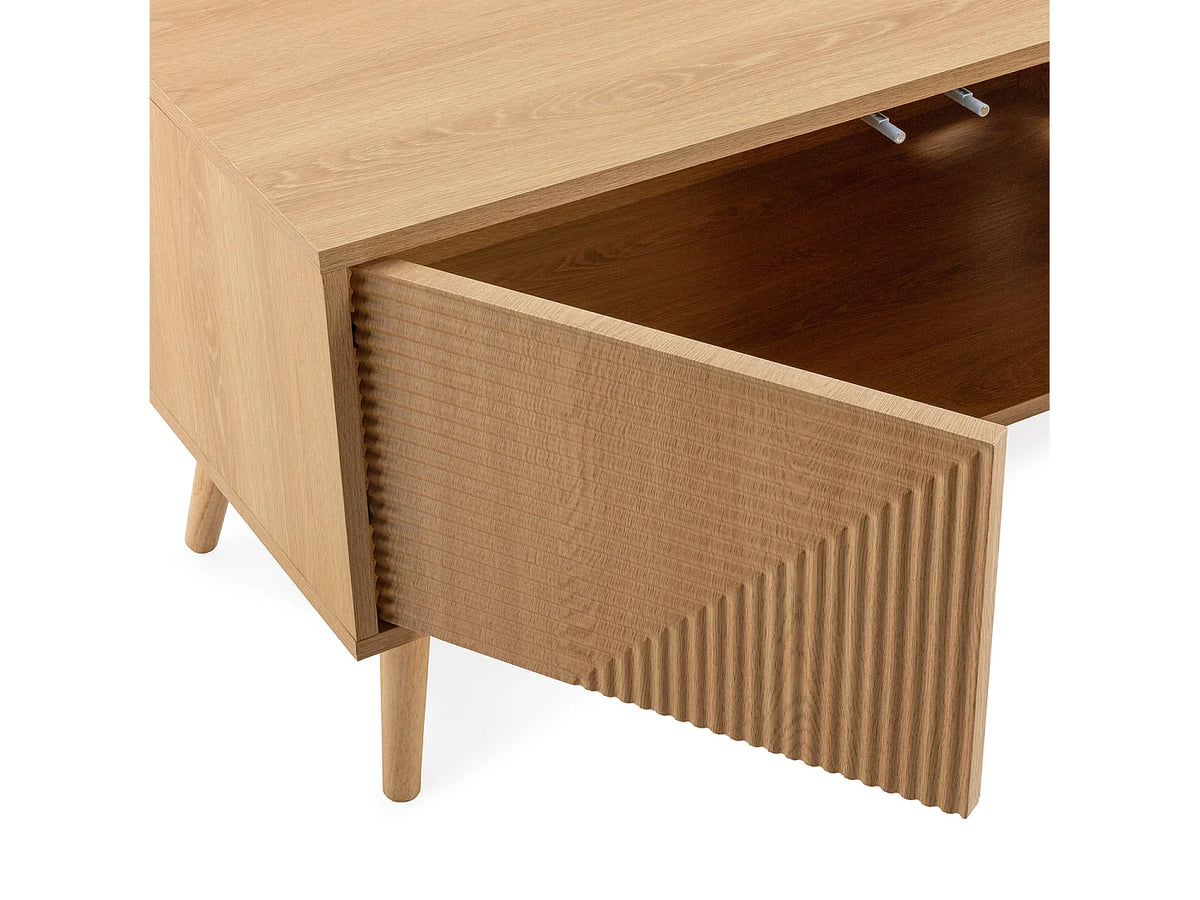 Meuble TV Japandi 4 portes push to open en mélamine effet chêne 160 x 45 cm - Telmo