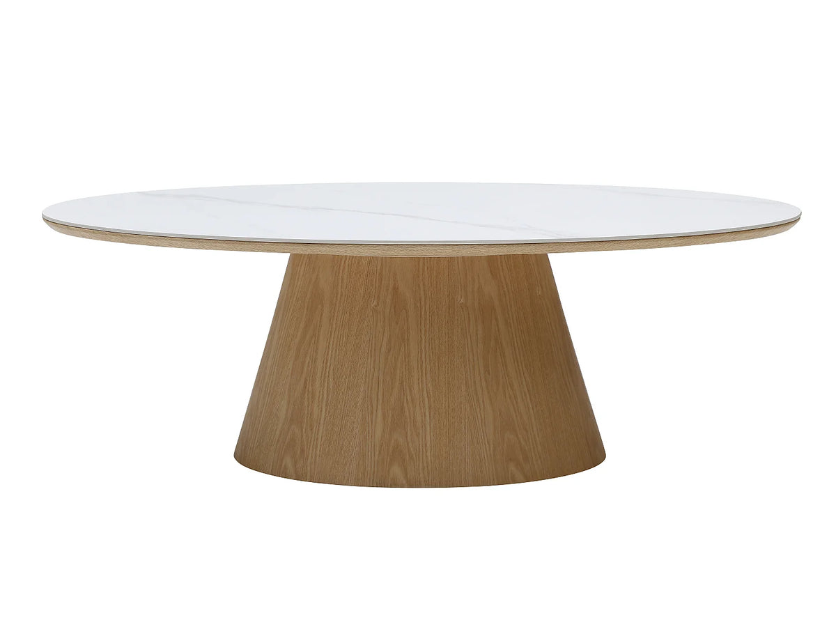 Table basse Japandi ovale en céramique effet marbre blanc et chêne 120 x 60 cm - Antelada