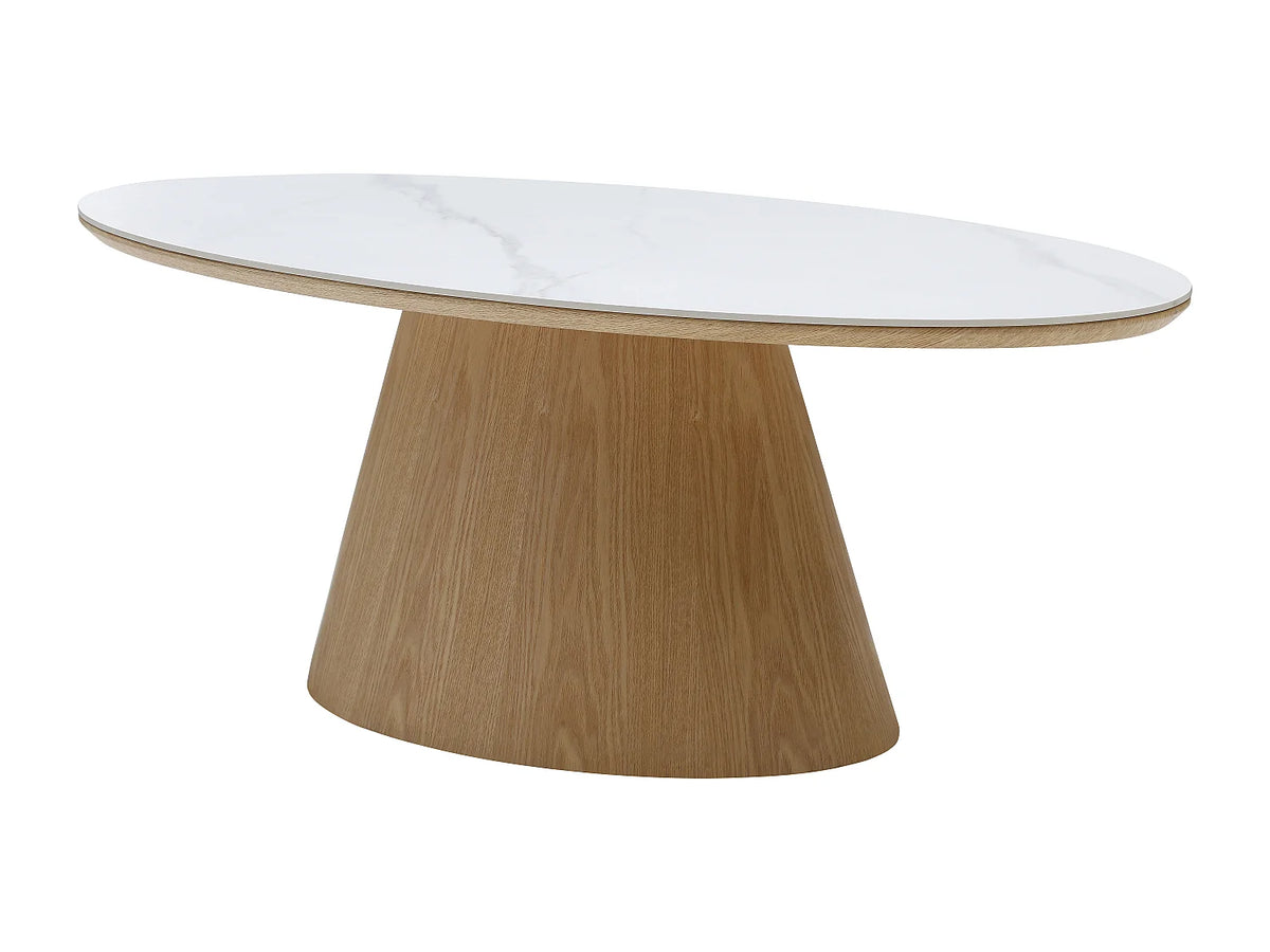 Table basse Japandi ovale en céramique effet marbre blanc et chêne 120 x 60 cm - Antelada