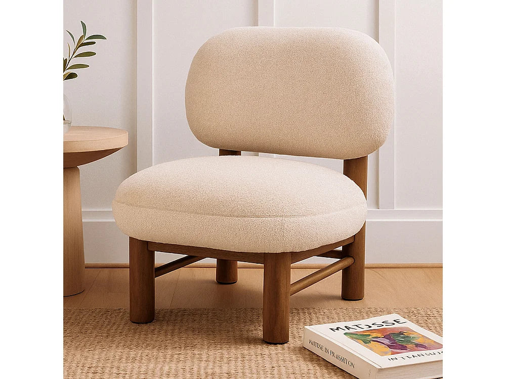 Fauteuil Japandi bas en bois et tissu bouclette beige - Nubo