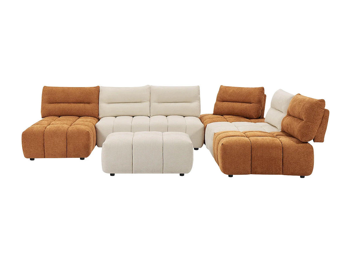 Canapé d'angle Japandi panoramique modulable 7 places avec pouf en tissu texturé beige et terracotta 370 cm - Apoliu