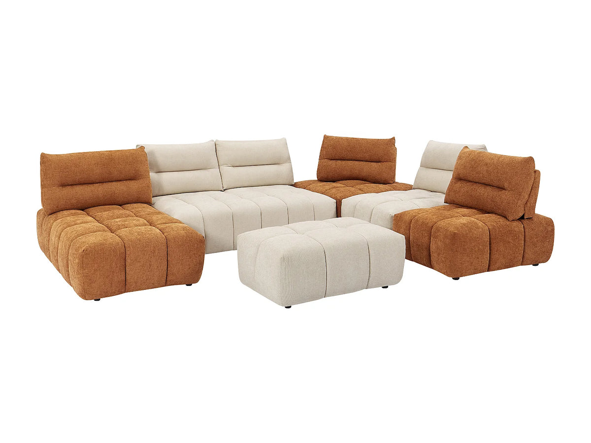 Canapé d'angle Japandi panoramique modulable 7 places avec pouf en tissu texturé beige et terracotta 370 cm - Apoliu