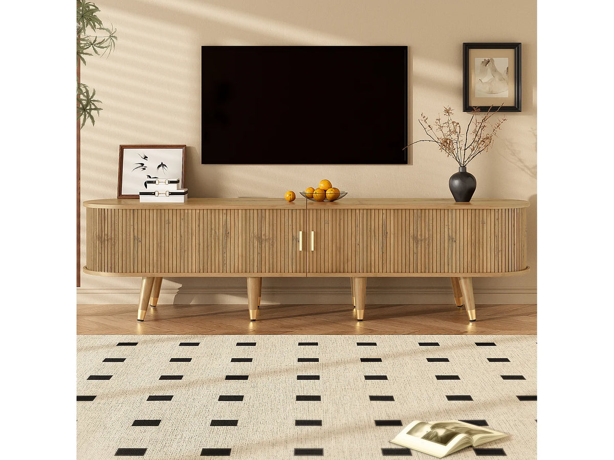 Meuble TV Japandi 2 portes coulissantes et 2 tiroirs en MDF effet bois naturel 175 x 45 cm