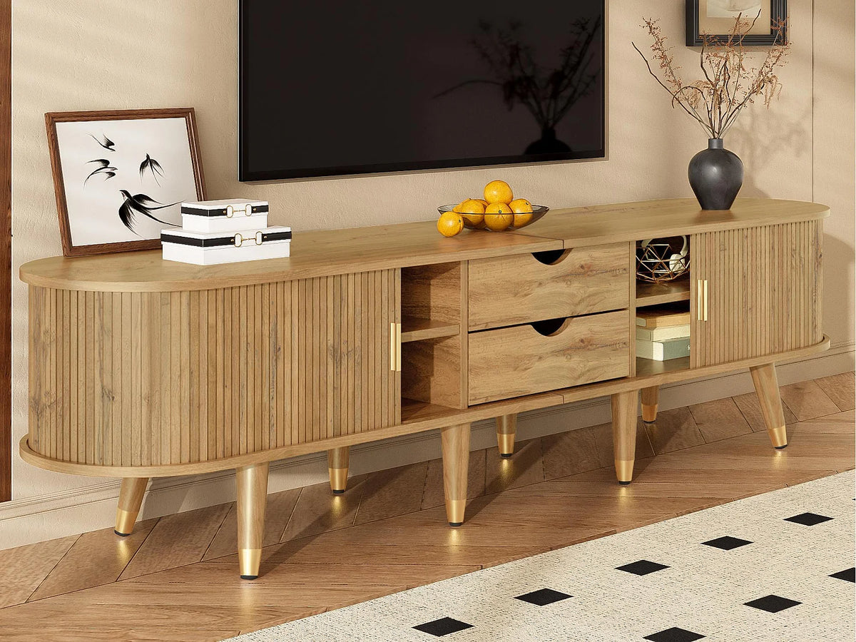 Meuble TV Japandi 2 portes coulissantes et 2 tiroirs en MDF effet bois naturel 175 x 45 cm