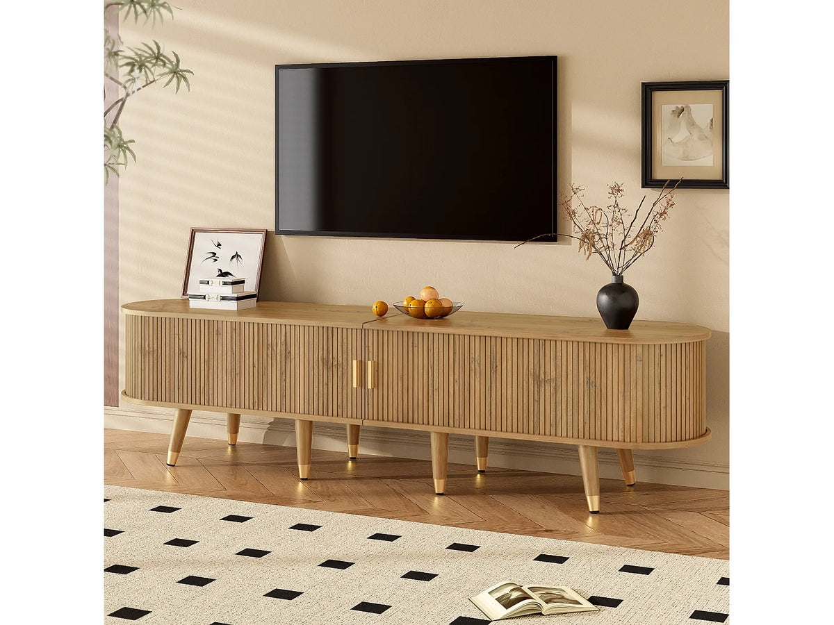 Meuble TV Japandi 2 portes coulissantes et 2 tiroirs en MDF effet bois naturel 175 x 45 cm