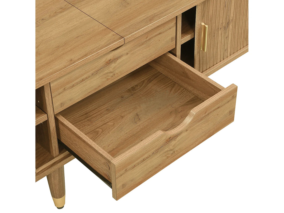 Meuble TV Japandi 2 portes coulissantes et 2 tiroirs en MDF effet bois naturel 175 x 45 cm