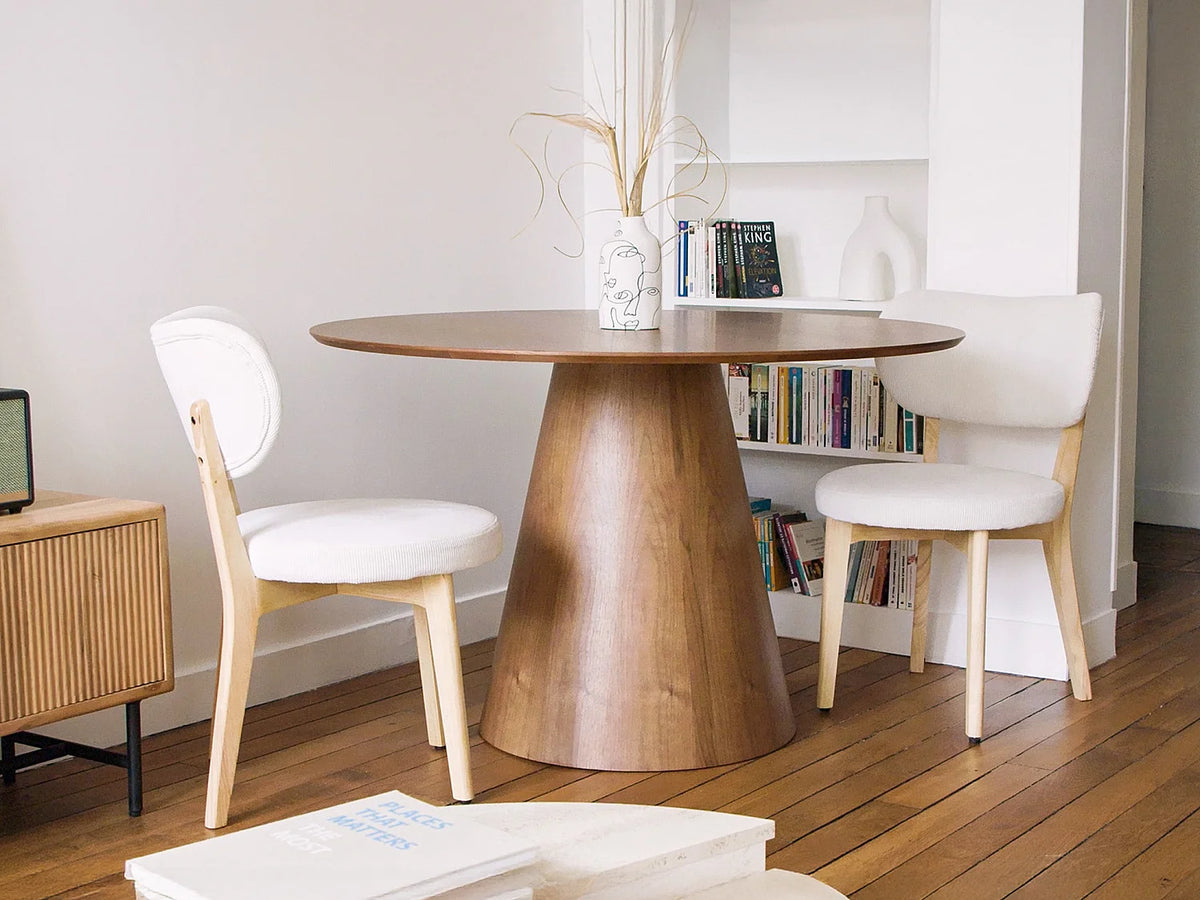 Table à manger ronde Japandi 4 personnes placage noyer naturel foncé Ø 120 cm - Antaliza