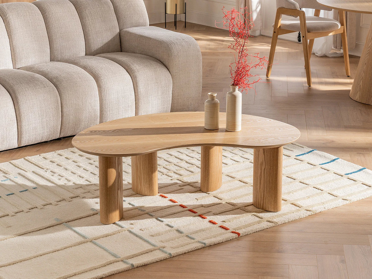 Table basse Japandi organique en placage de frêne naturel clair 120 x 70 cm - Calynor