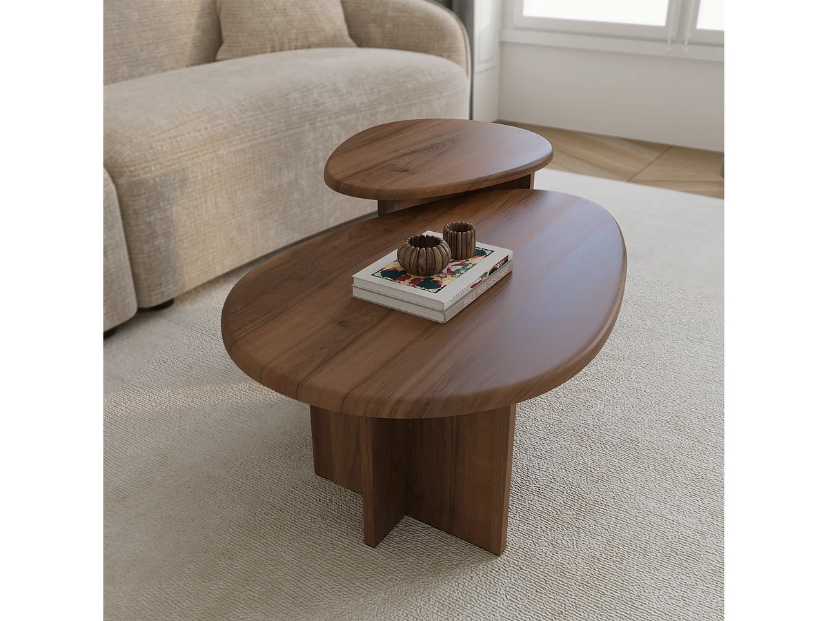 Lot de 2 tables basses Japandi gigognes en placage noyer 75 x 50 cm - Cedra