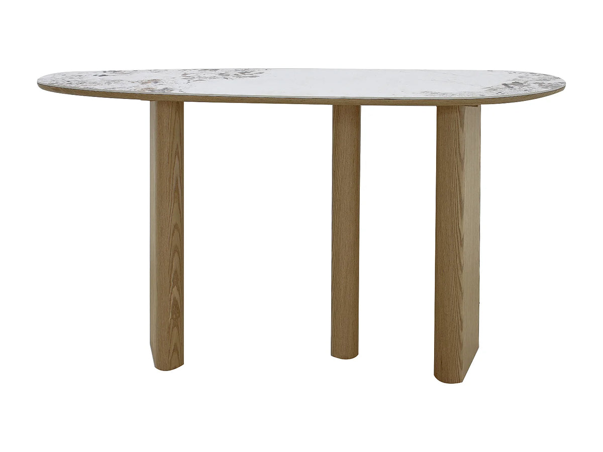 Console Japandi ovale en céramique effet marbre blanc et MDF naturel 150 x 80 cm - Modreyo