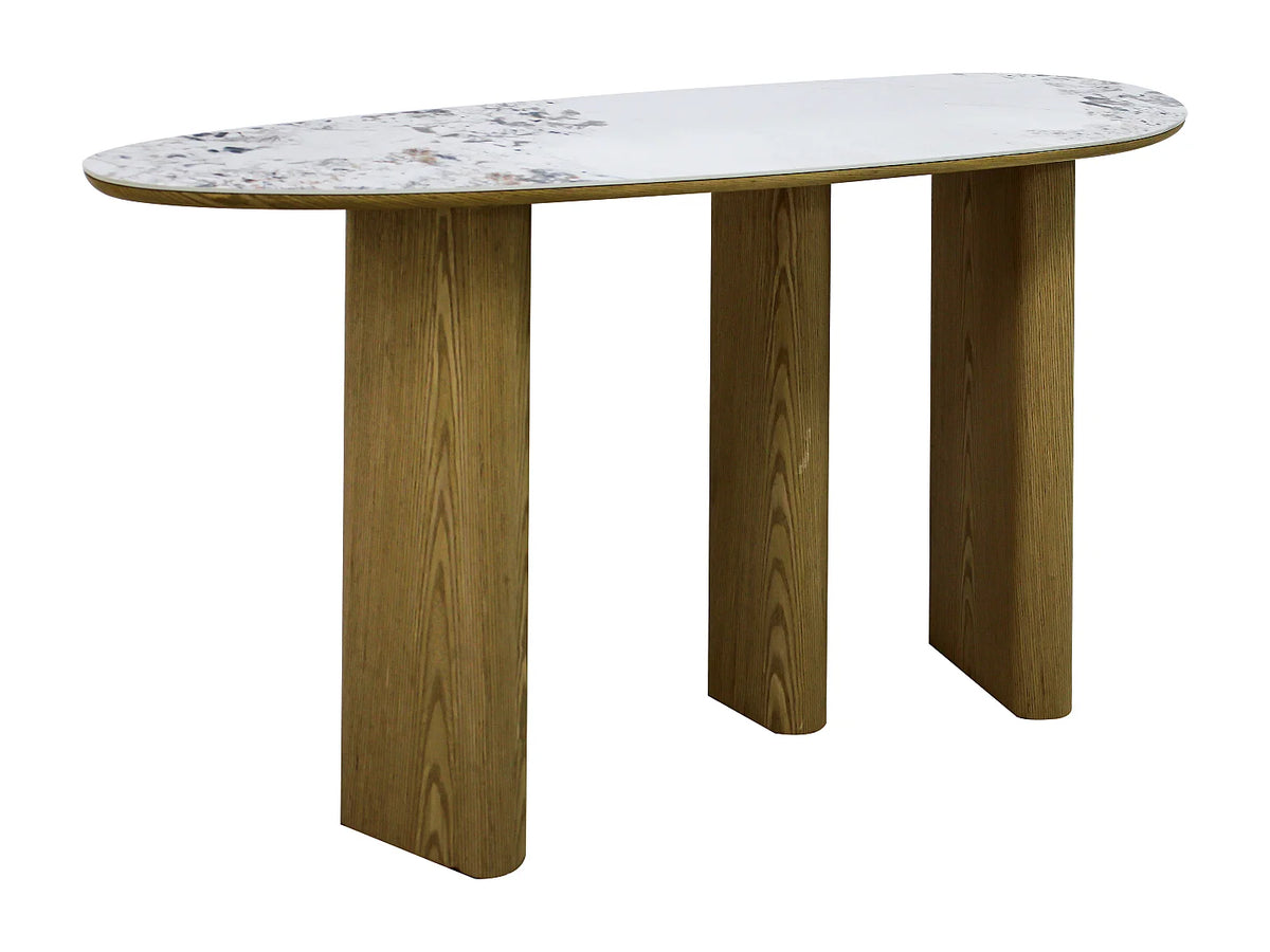 Console Japandi ovale en céramique effet marbre blanc et MDF naturel 150 x 80 cm - Modreyo