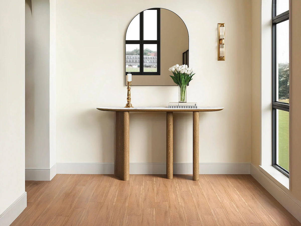 Console Japandi ovale en céramique effet marbre blanc et MDF naturel 150 x 80 cm - Modreyo