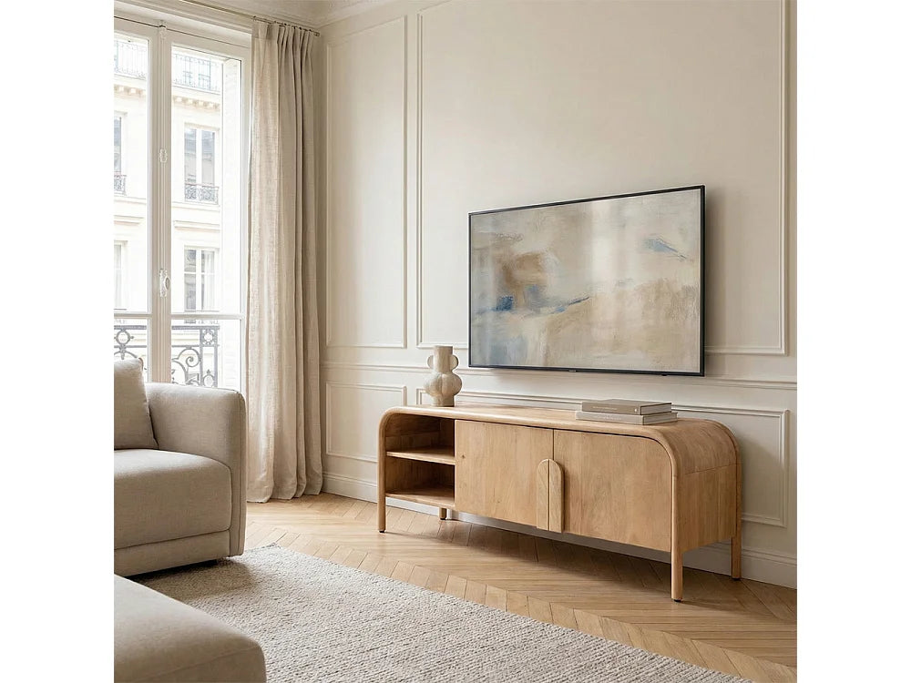 Meuble TV Japandi 2 portes et 2 niches en bois de manguier massif 150 x 55 cm - Bali