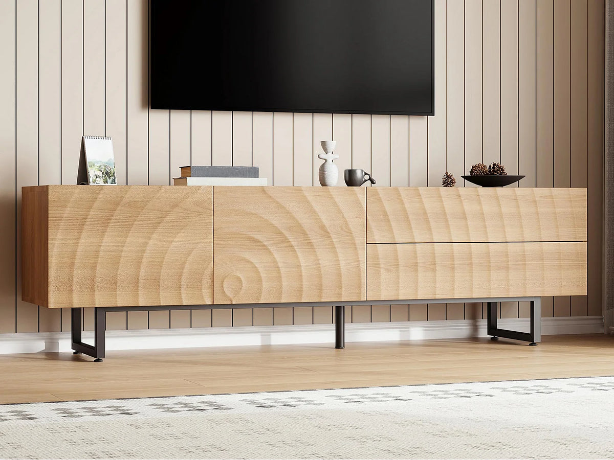Meuble TV Japandi 2 portes et 2 tiroirs façade ondulée effet bois naturel 180 x 51,5 cm